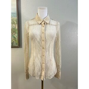 Max & Mia Sheer Lace Button Up Blouse Cream Romantic Cottagecore Small